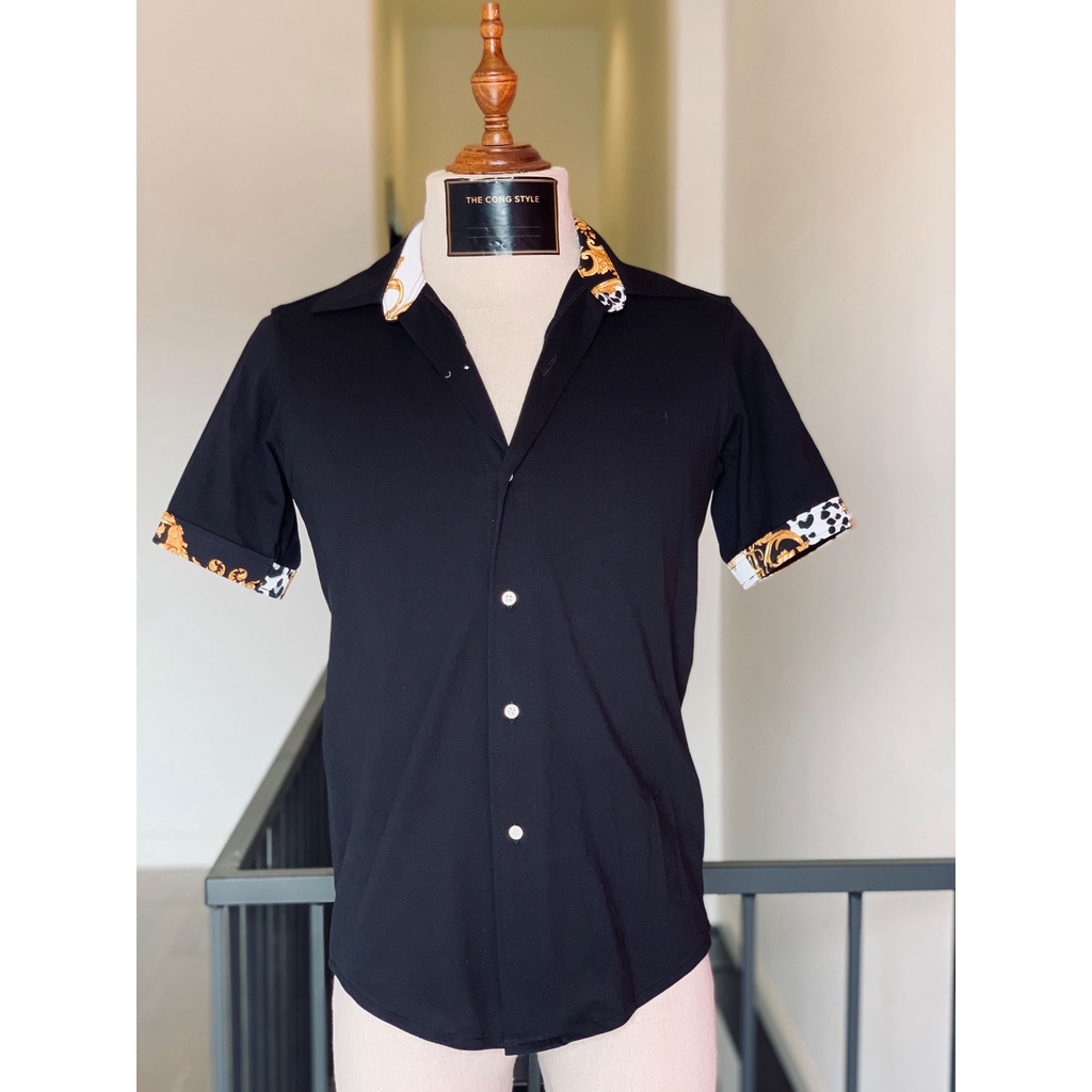 Áo sơ mi nam tay ngắn cotton cá sấu trơn phối họa tiết cổ tay – The Cong Style