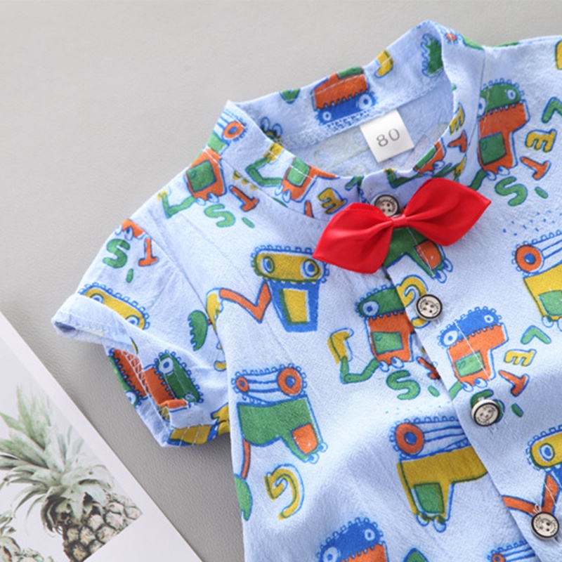 Set Áo Thun Cotton Ngắn Tay Và Quần Short In Hình Xe Xúc Hoạt Hình Cho Bé Trai