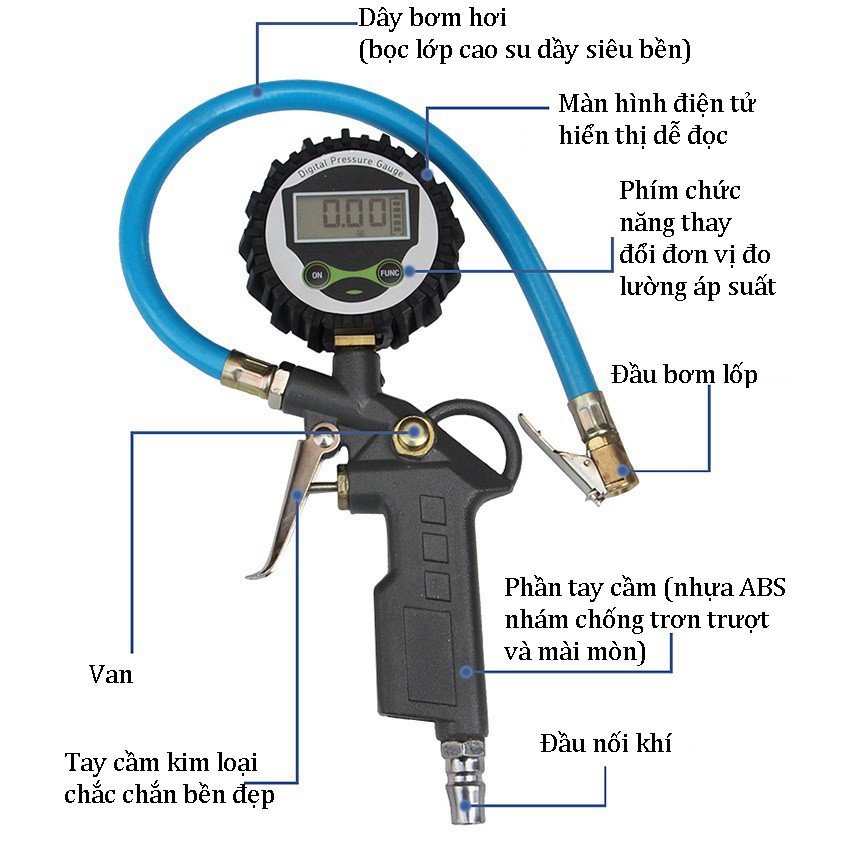 Đồng hồ bơm lốp điện tử ô tô xe máy (đo hơi, áp suất lốp, hiển thị số)