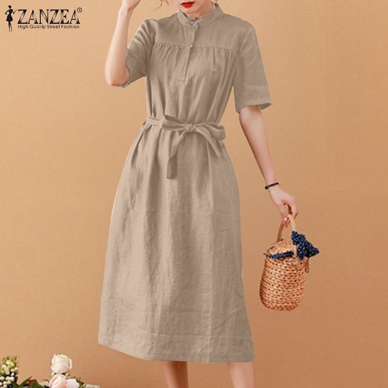 Đầm ZANZEA cổ đứng tay lửng màu trơn buộc dây thời trang cho nữ