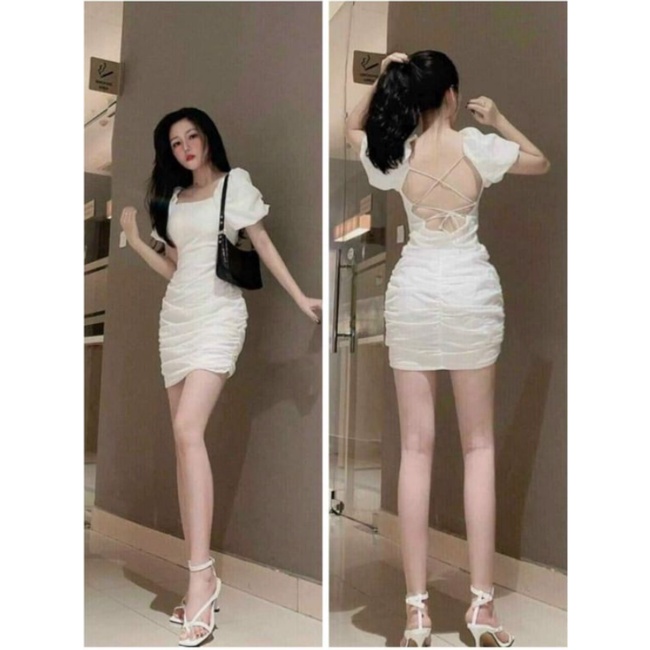 Váy Body Đầm Dự Tiệc Hở Lưng Chất cotton Lụa CÓ MÚT NGỰC Tay Phồng Cổ Vuông - Dây Đan Chéo Lưng Sexy - Đ0053 | steven