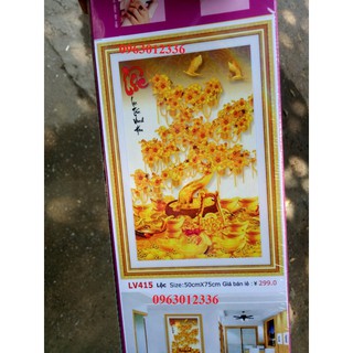 tranh đính đá cao cấp cây kim tiền thư pháp chữ lộc kt 50x75cm
