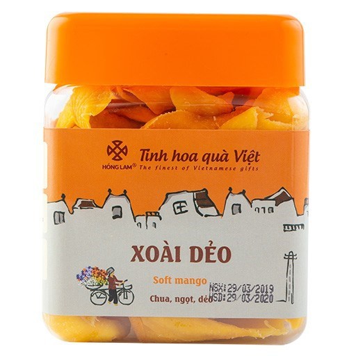 Xoài dẻo thượng hạng Hồng Lam, dạng hộp (200gr, 300gr, 500gr) và gói (200gr). Có vị chua, ngọt, dẻo