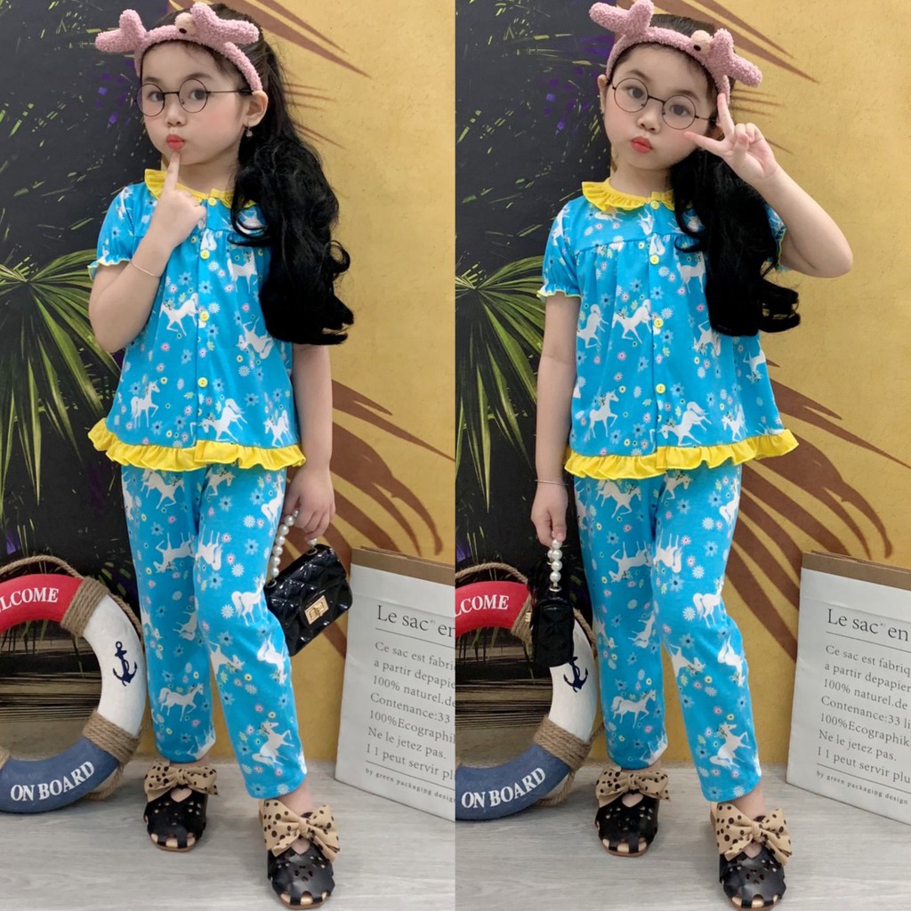 Đồ bộ bé gái, bộ bé gái dài cổ bèo cute thun cotton VNXK Jennie kids J465