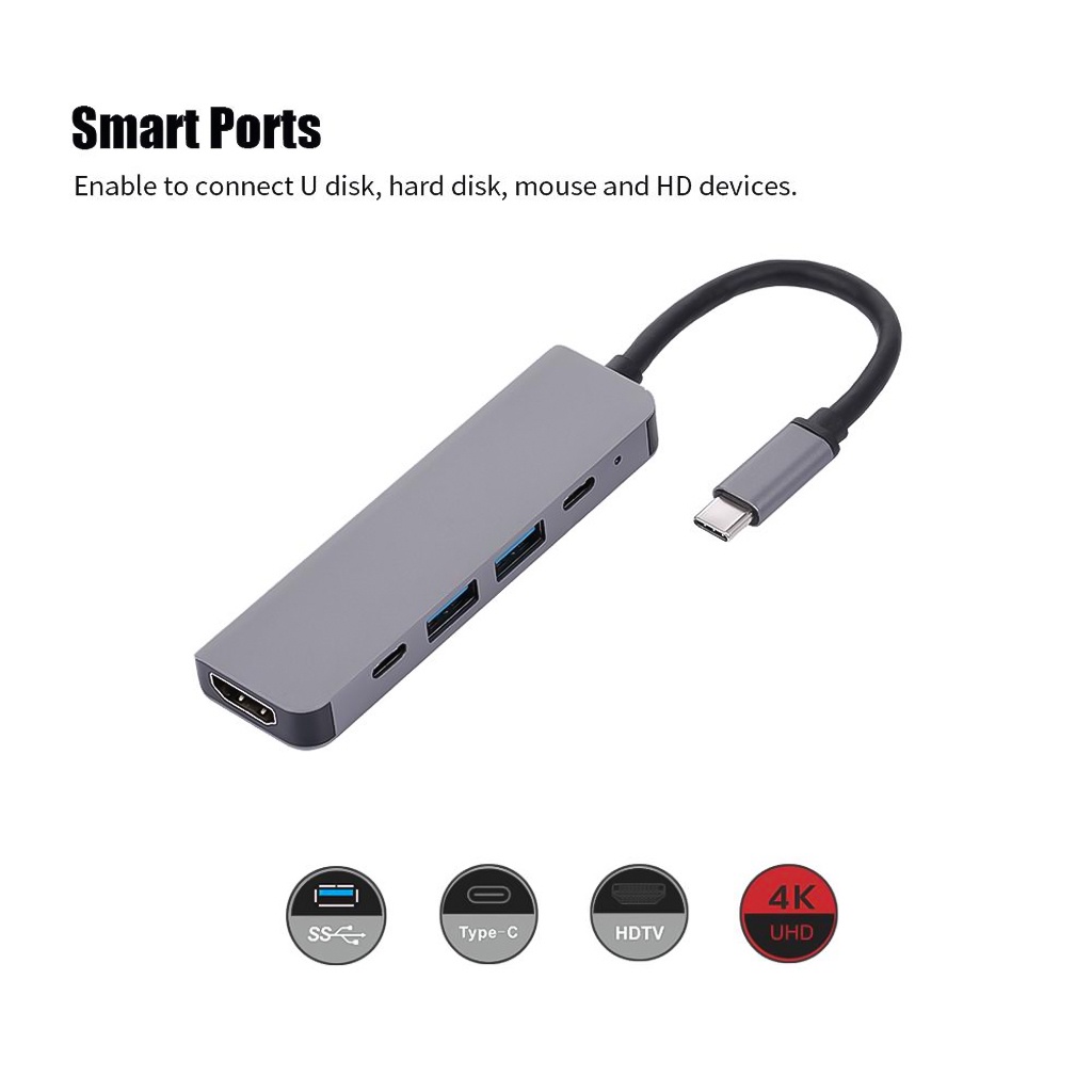 Bộ thiết bị Hub Cổng chia chuyển đổi đa năng USB Type-C 5 in 1 sang 5 Cổng HDMI 4K 60Hz/ USB 3.0/ Type-C/ PD -dc4825