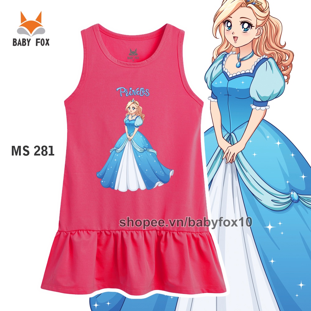 Đầm thun bé gái 100% cotton loại tốt, thương hiệu BABY FOX, in hình công chúa, size nhỏ, trung, đại e