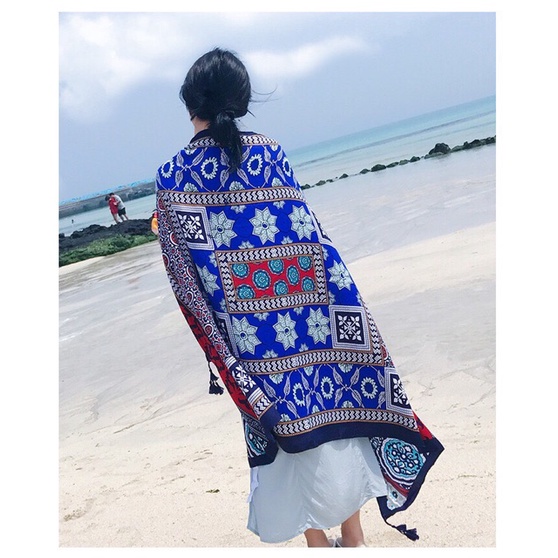 Khăn choàng boho họa tiết xanh thổ cẩm - Mã VS035
