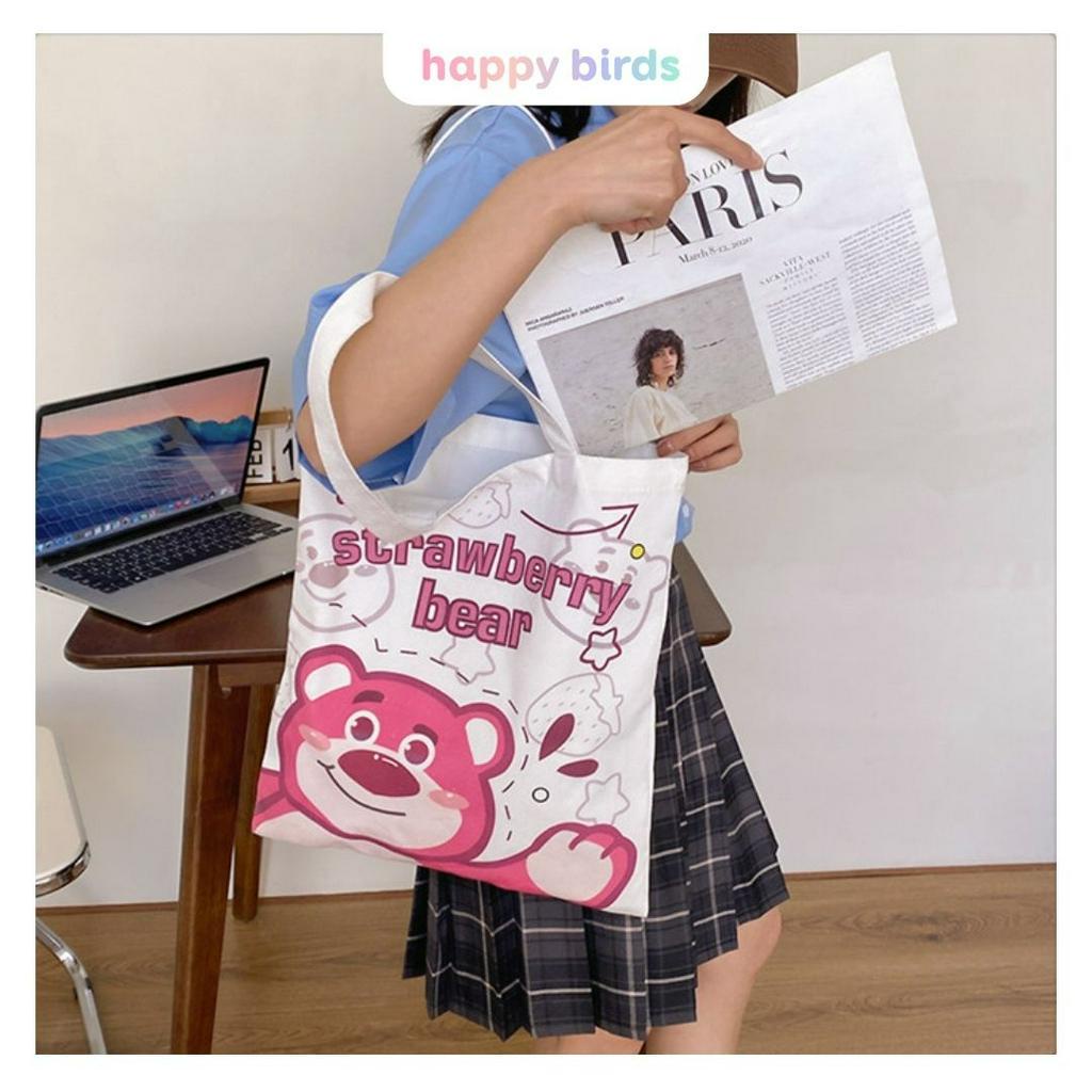 Túi tote vải canvas đeo vai hoạt hình gấu dâu vải bố canvas đựng đồ đi học thêm đi chơi phong cách Hàn Quốc HappyBirds