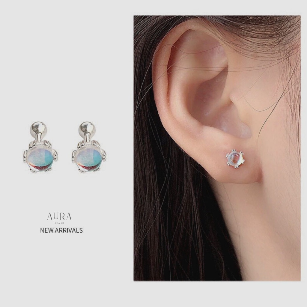 Bông tai bạc nữ khuyên tai đá tròn mặt trăng Moon Stone-KT50