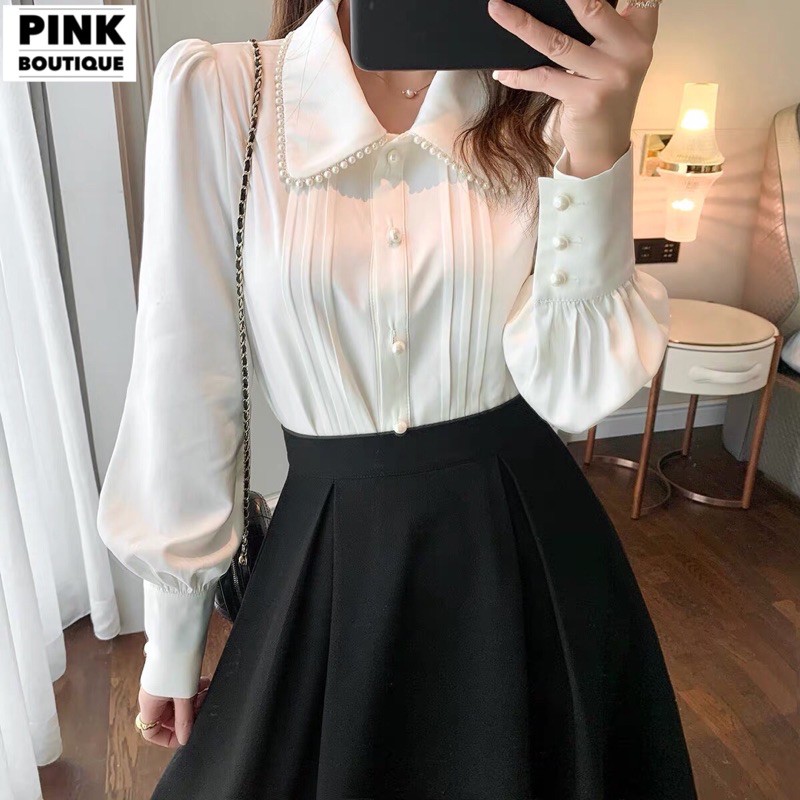 [Mã FATHANG5 giảm 10K đơn 50K] Áo Sơ Mi Trắng Nữ Kiểu Dài Tay Công Sở Cổ Sen Viền Ngọc Big Size Thiết Kế PINKBOUTIQUE