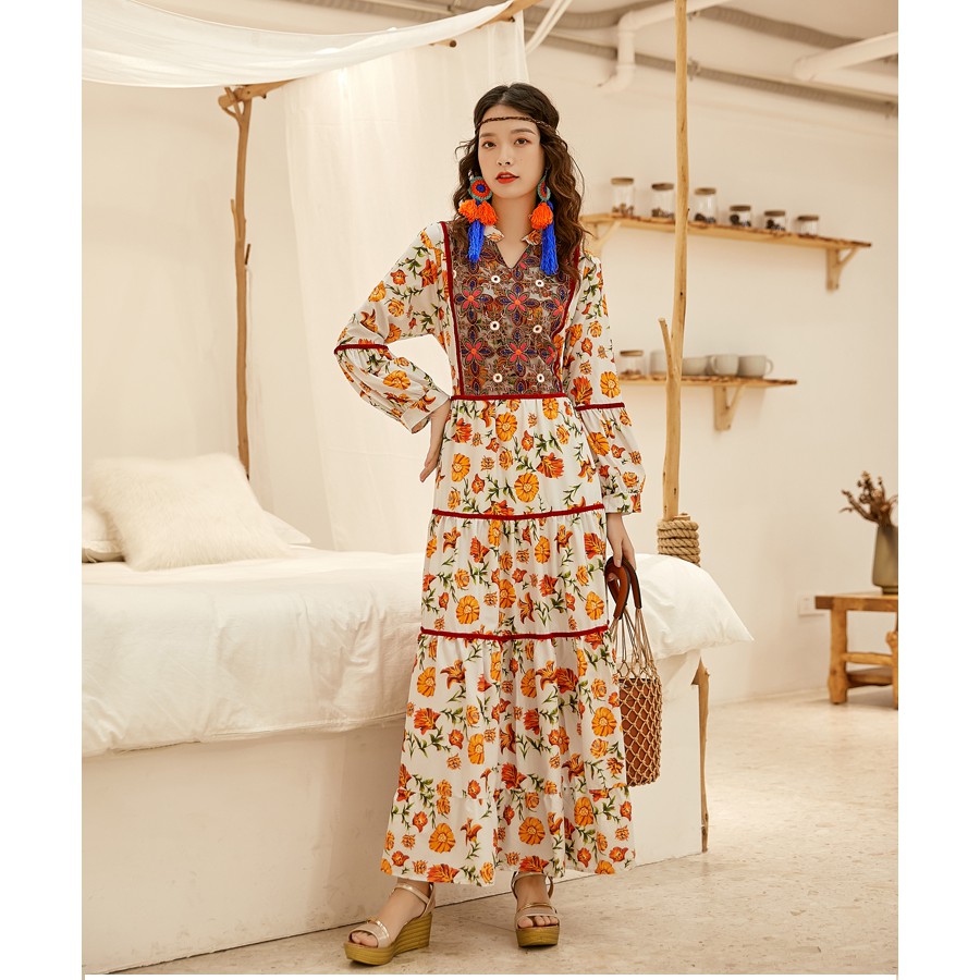 Váy boho xòe họa tiết bohemian đi biển