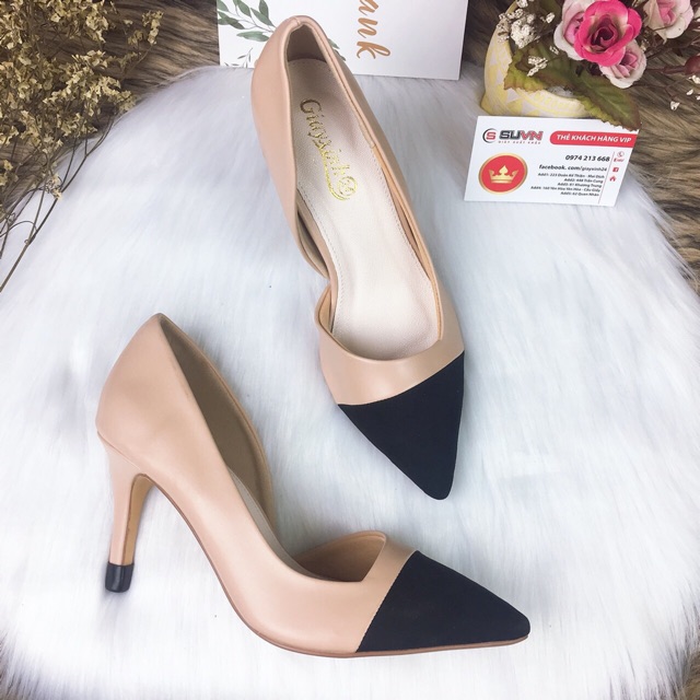 Cao gót khoét eo phối màu nhọn 7cm form chuẩn