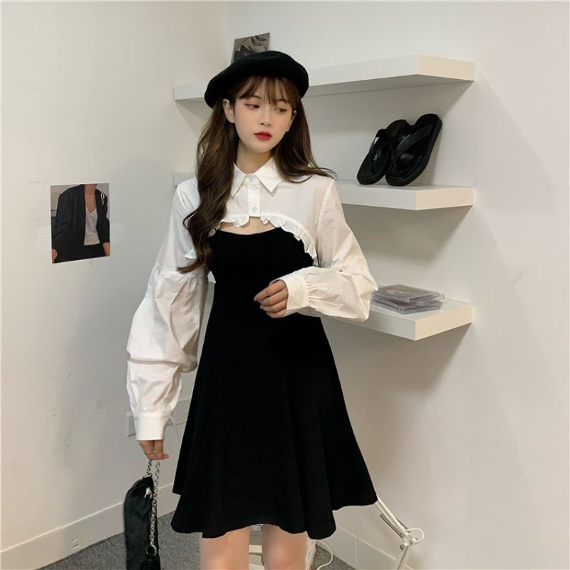 Sét áo sơ mi croptop viền bèo &amp;đầm 2 dây form xòe hot hit