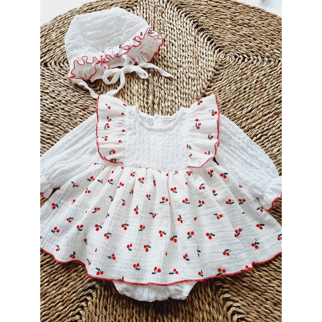 Body váy cho bé trắng cherry đỏ kèm mũ