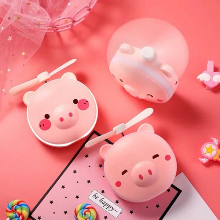 Quạt mini❤️SALE❤️Gương mini cầm tay có đèn led và quạt 3 in 1 hình heo siêu dễ thương nhỏ gọn tiện dụng bỏ túi dễ dàng