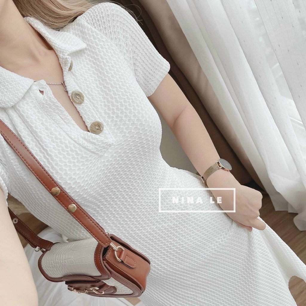 Đầm ôm body cổ sơ mi cài nút chất liệu thun kim cương như hình thời trang nữ năng động trẻ trung