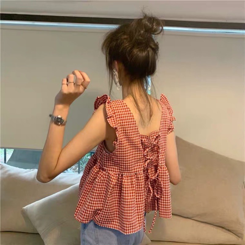 Áo babydol kẻ caro không tay viền bèo xinh -Hàng order