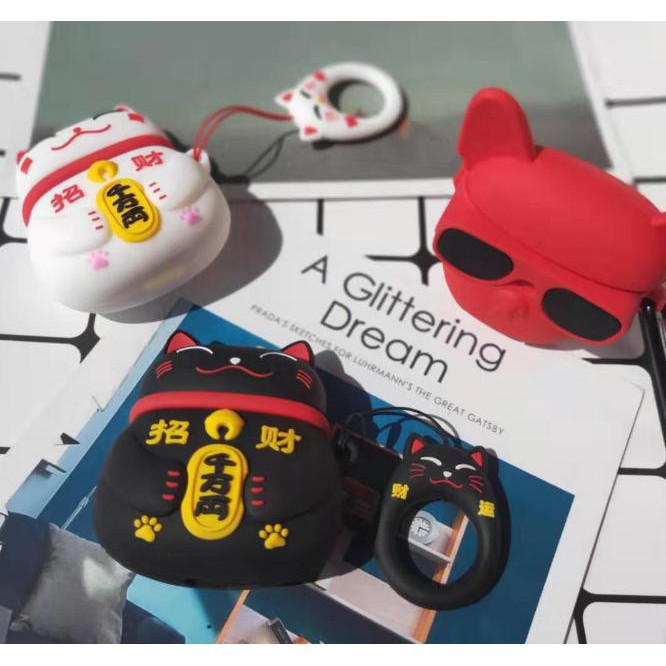 Case bao airpod silicon 1 2 PRO 3 MÈO THẦN TÀI MANG MAY MẮN tặng kèm móc sắt