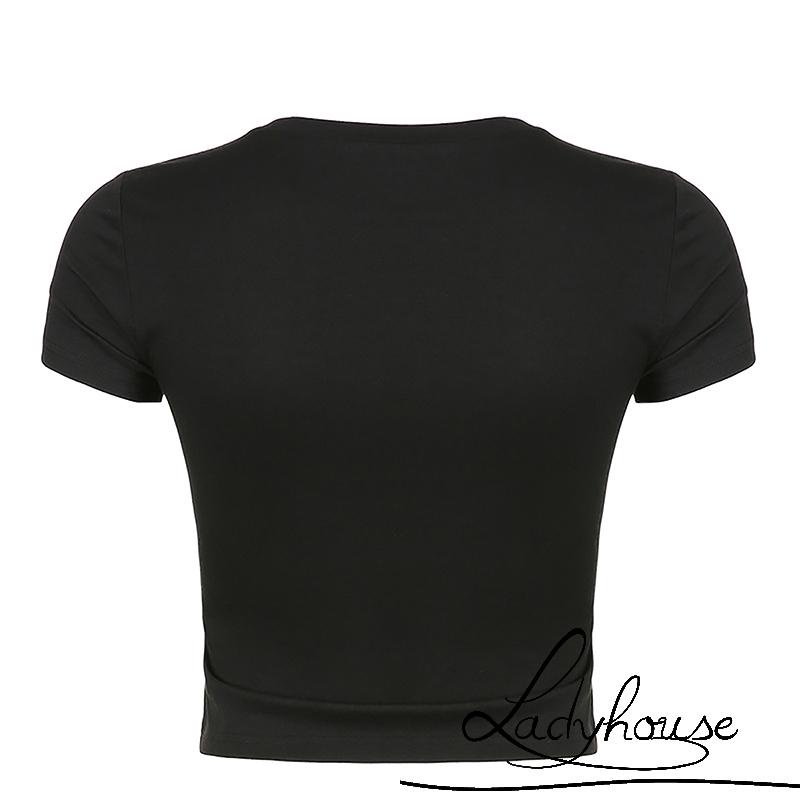 Áo thun croptop tay ngắn cổ tròn in chữ đính kim sa thời trang mùa hè cho nữ