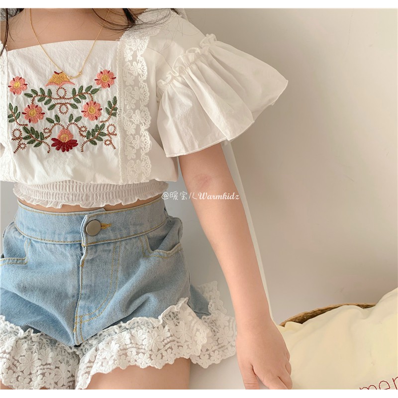 Áo Ren Ngắn Tay Thêu Hoa Cho Bé Gái