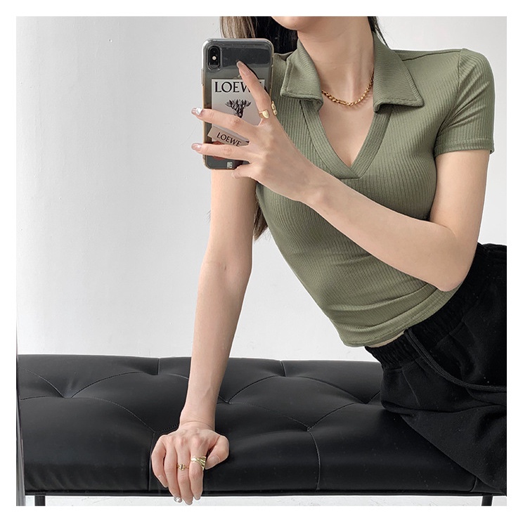 Áo thun MMIOT dệt kim tay ngắn cổ chữ V màu trơn dáng ôm thời trang mùa hè 2023 cho nữ