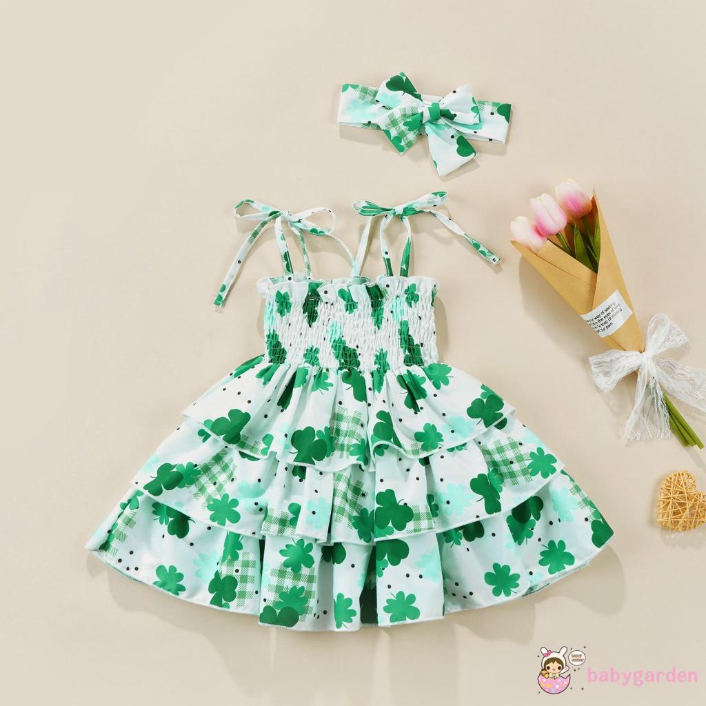 Đầm hai dây nhiều lớp in hình cỏ ba lá kèm băng đô dành cho bé gái 1-5 tuổi