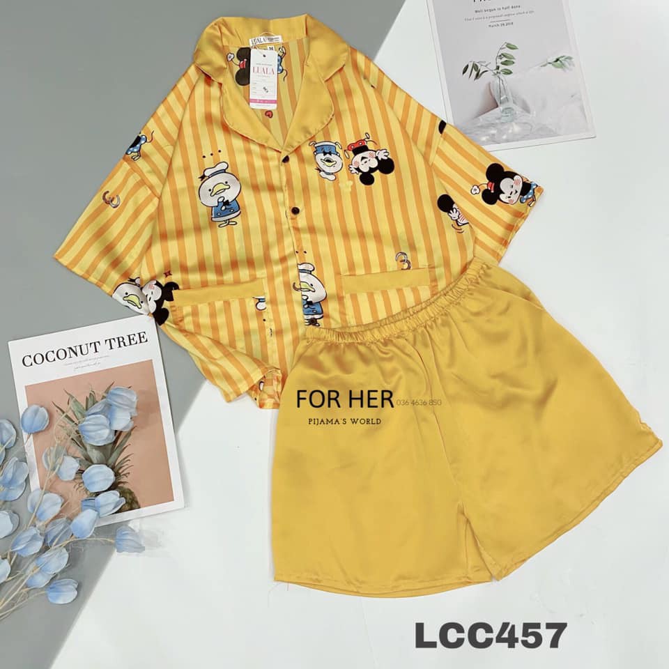 Đồ Bộ Pijama - Bộ Lụa Pizama Quần Sooc Họa Tiết Phối Bèo Dễ Thương | BigBuy360 - bigbuy360.vn