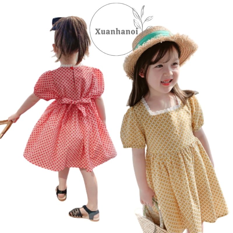 Váy bé gái họa tiết kẻ ô nhỏ buộc nơ lưng 2 mầu Đỏ và Vàng XHN874