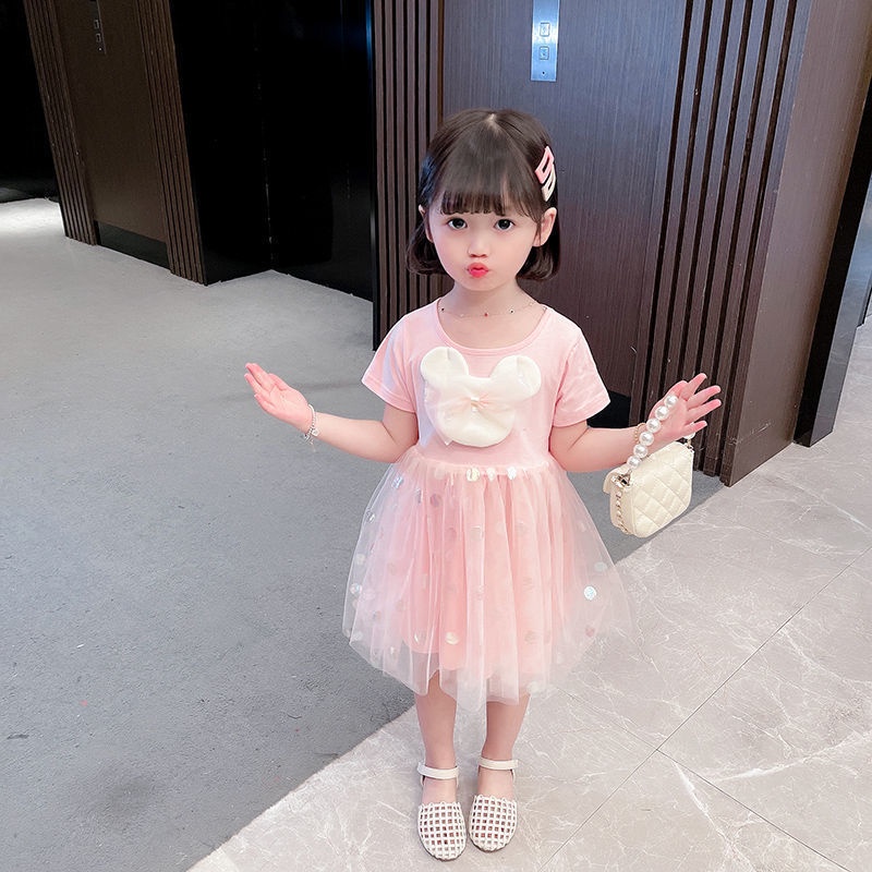 Đầm Công Chúa Tay Ngắn Phối Lưới Thiết Kế Mới Thời Trang Mùa Hè Theo Phong Cách Hàn Quốc Cho Bé Gái