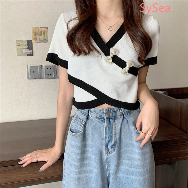 Áo Dệt Kim Đính Ngọc Trai Thời Trang Mùa Hè Hàn Quốc Dành Cho Nữ