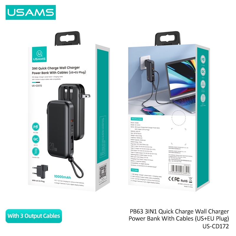 Sạc Dự Phòng USAMS PB63 3 Trong 1 10000mAh 22.5W Kèm Dây Cáp