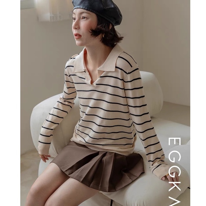 Áo Sweater  len cổ polo nữ dài tay kẻ ngang,  Thun Dệt Kim Tay Dài Cổ Chữ V Dáng Rộng Hàn Quốc  sọc ngang | BigBuy360 - bigbuy360.vn