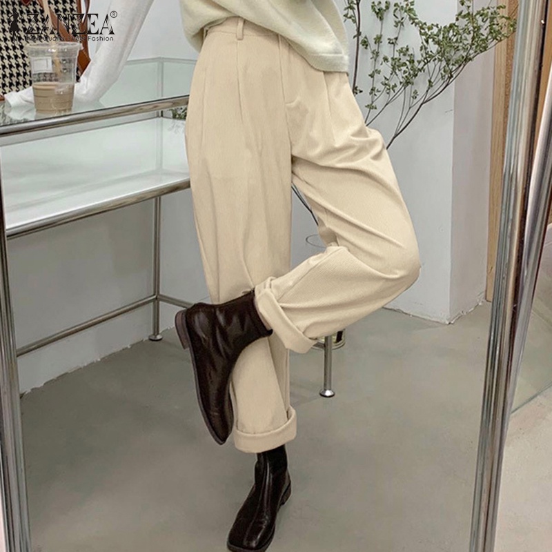 Quần dài ZANZEA ống rộng thẳng dây kéo gài nút từ vải corduroy cho nam