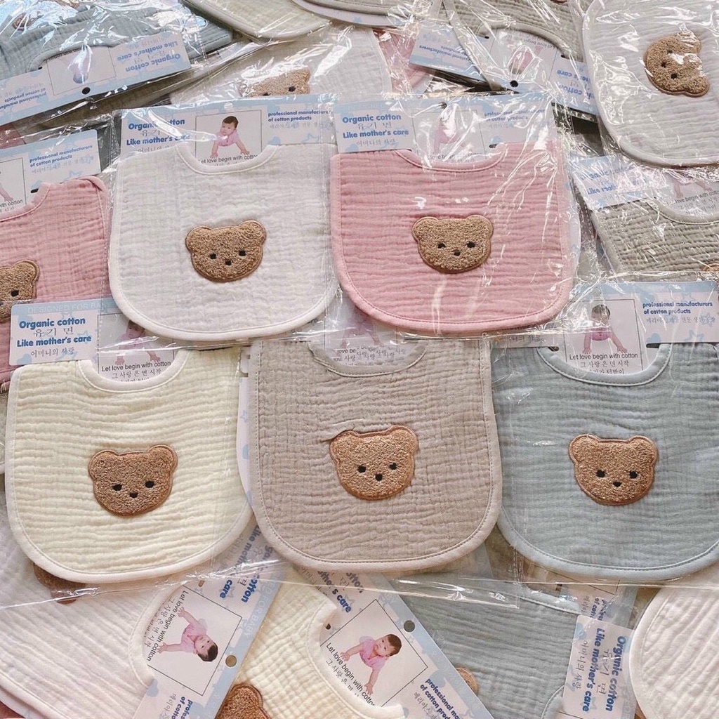Yếm Xô Muslin Thêu Gấu Len Phong Cách Hàn Cực Xinh Cho Bé Yêu,Khăn Yếm Xô Chữ U Babibu - YXH