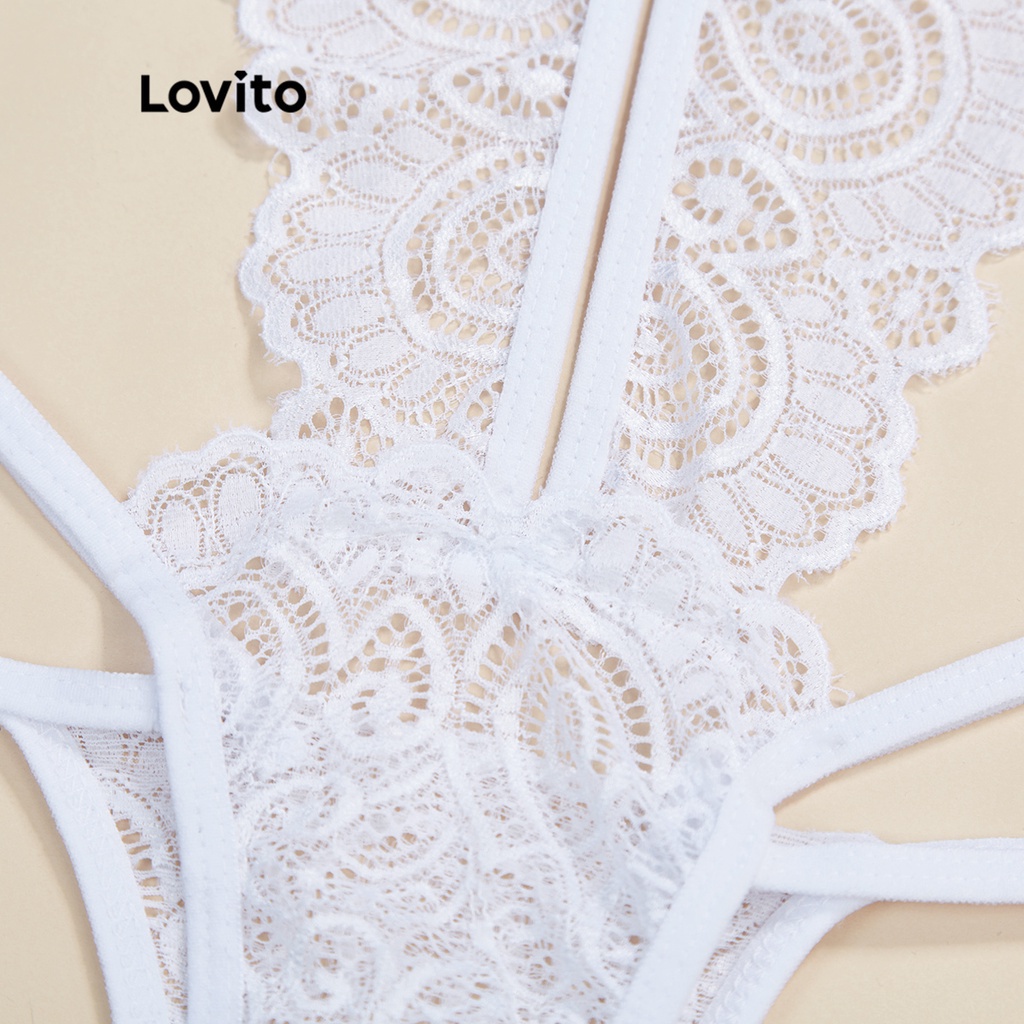 Đồ lót Lovito vải ren xuyên thấu dây chéo Teddy sexy L17X476 (Màu trắng/Màu đen)