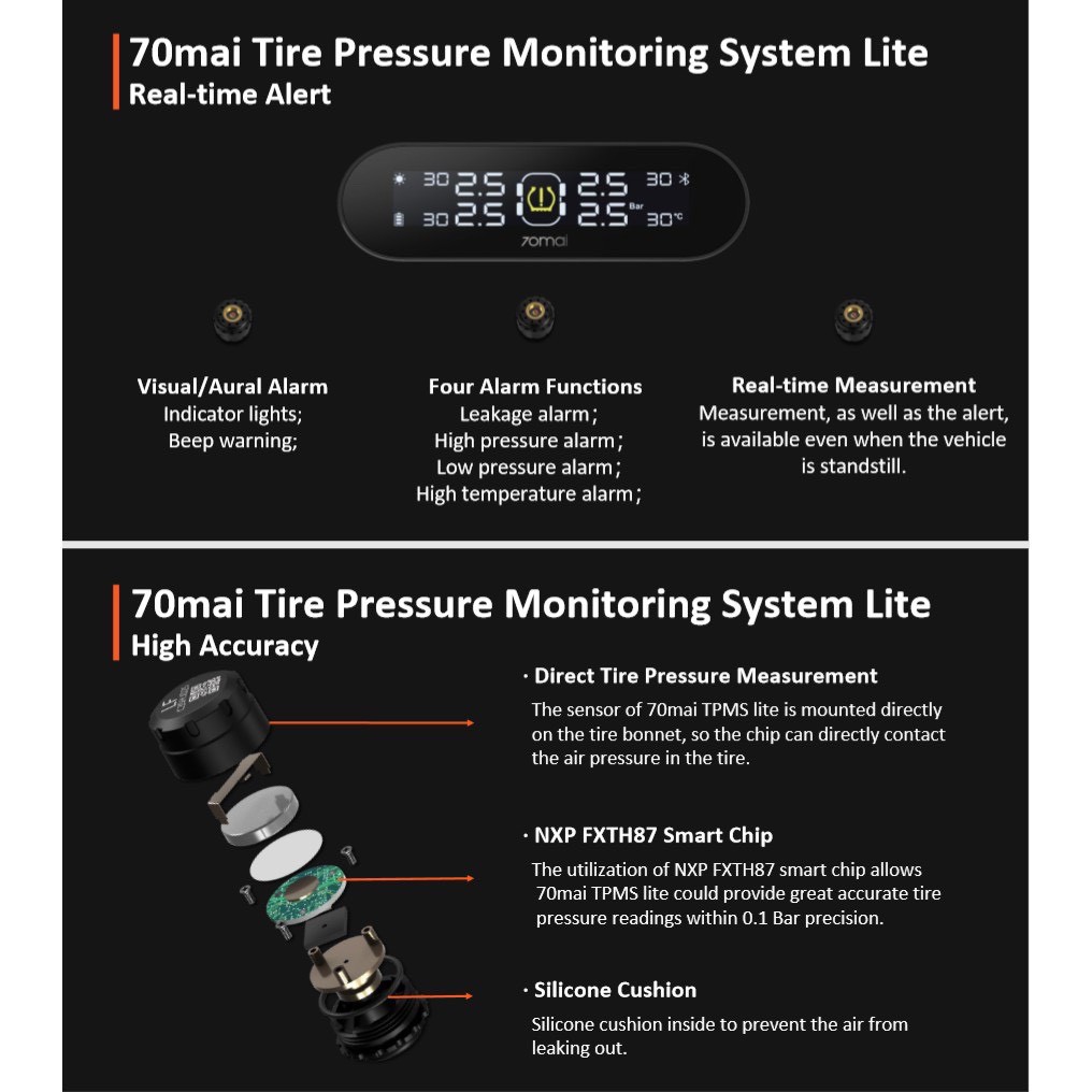 58☏✧✟Cảm biến áp suất lốp và nhiệt độ Xaomi van gắn NGOÀI tpms 70mai Midrive T02