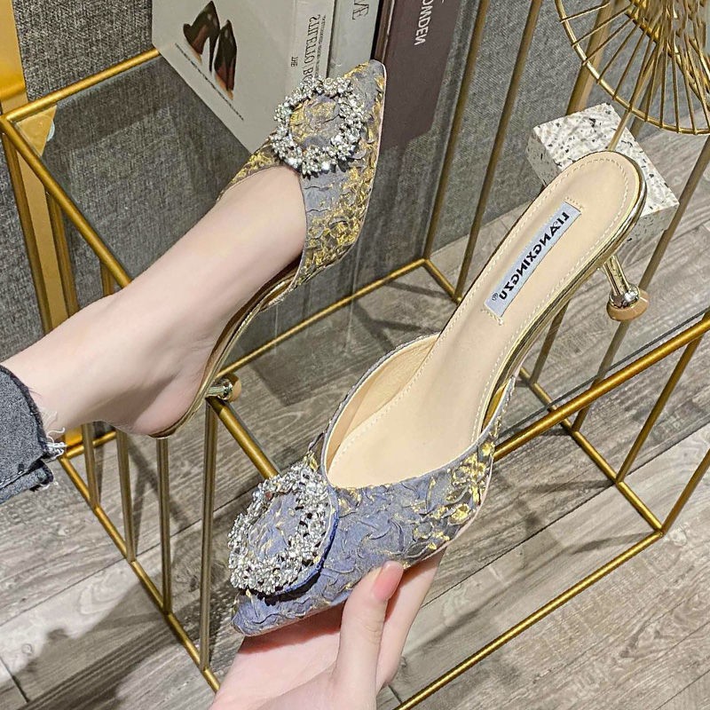 dép cao từdép thời trang giày nữ caogiày caogiày 7cmGiàydép gótGiàyDép Nữ giày sandal 7cmdép đế caoGuốc/Dép nữ▪۩❦pointed half slippers female outer wear Baotou high heels stiletto heel 2021 new summer design fashion mules