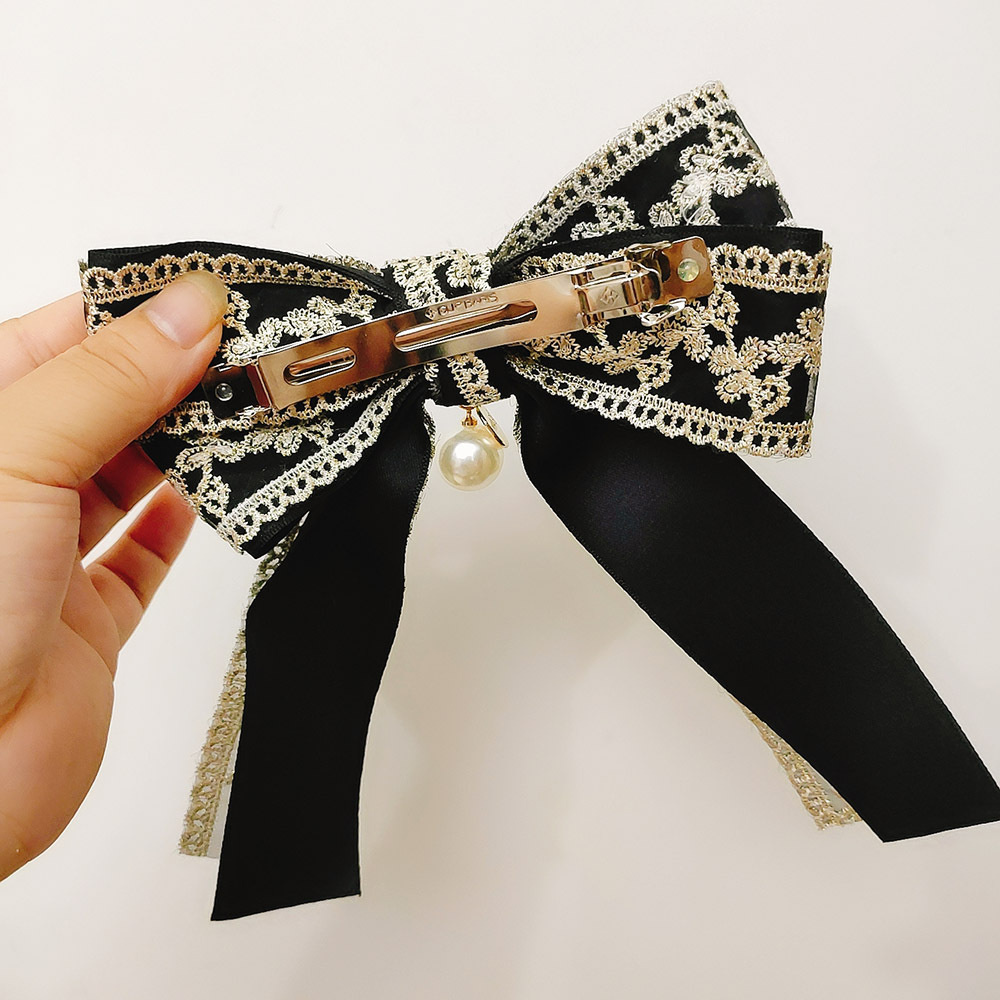 Kẹp tóc đính nơ phối ren và ngọc trai phong cách cổ điển xinh xắn dành cho nữ