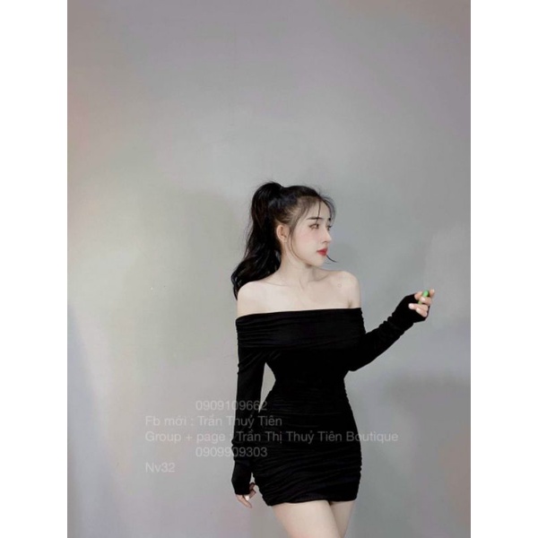 Đầm body nhún trễ vai tay dài