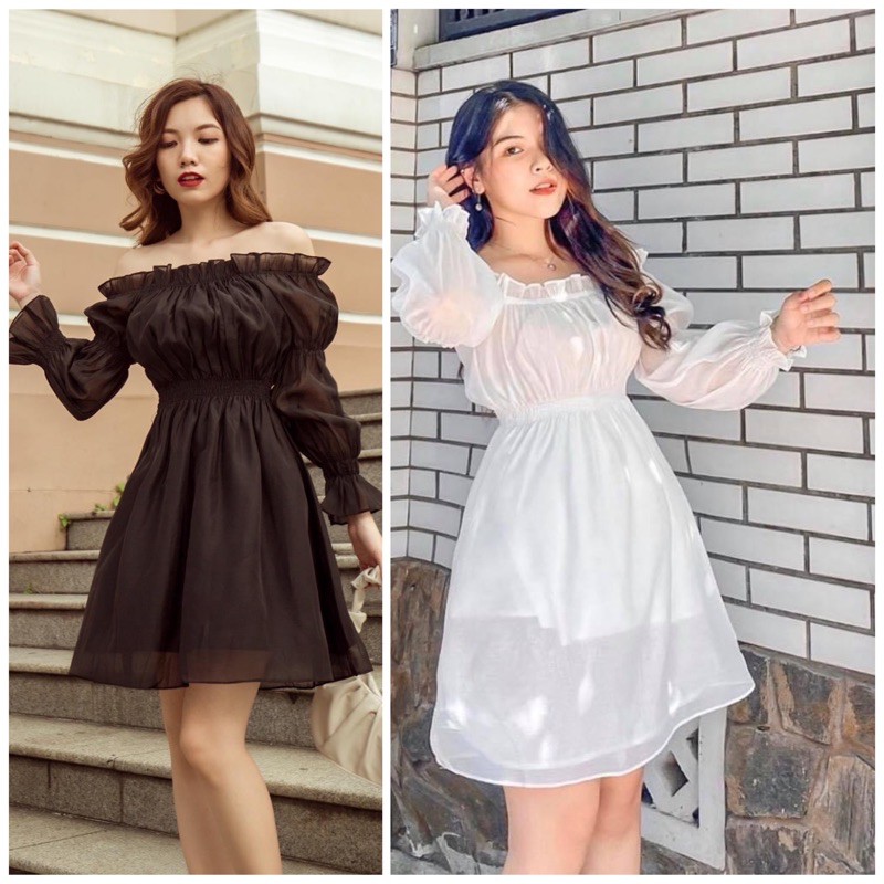 Đầm xoè trắng bẹt vai xinh xắn