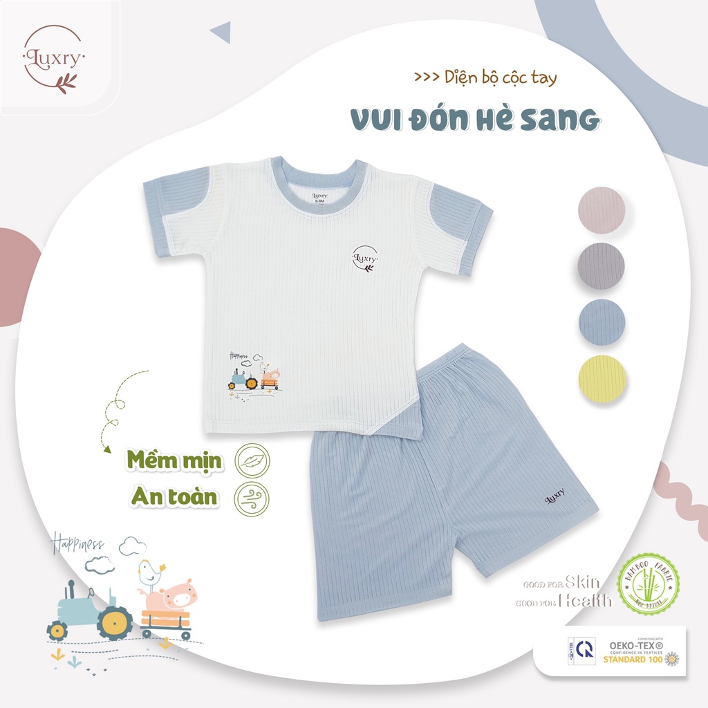 Bộ cộc tay cổ tròn chất liệu vải sợi tre nhà Luxry cho bé từ 3 tháng đến 4 tuổi