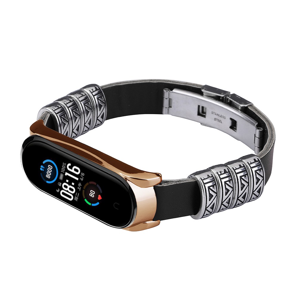 Dây Đeo Thay Thế Chất Liệu Da Thiết Kế Khung Kim Loại Phong Cách Vintage Cho Xiaomi Mi Band 6 5 Nfc 3 / 4