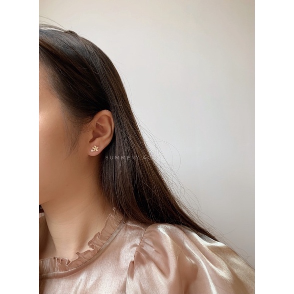 Khuyên tai bạc 925 SUMMERY hoa 5 cánh đính đá bông tai S925 mạ vàng