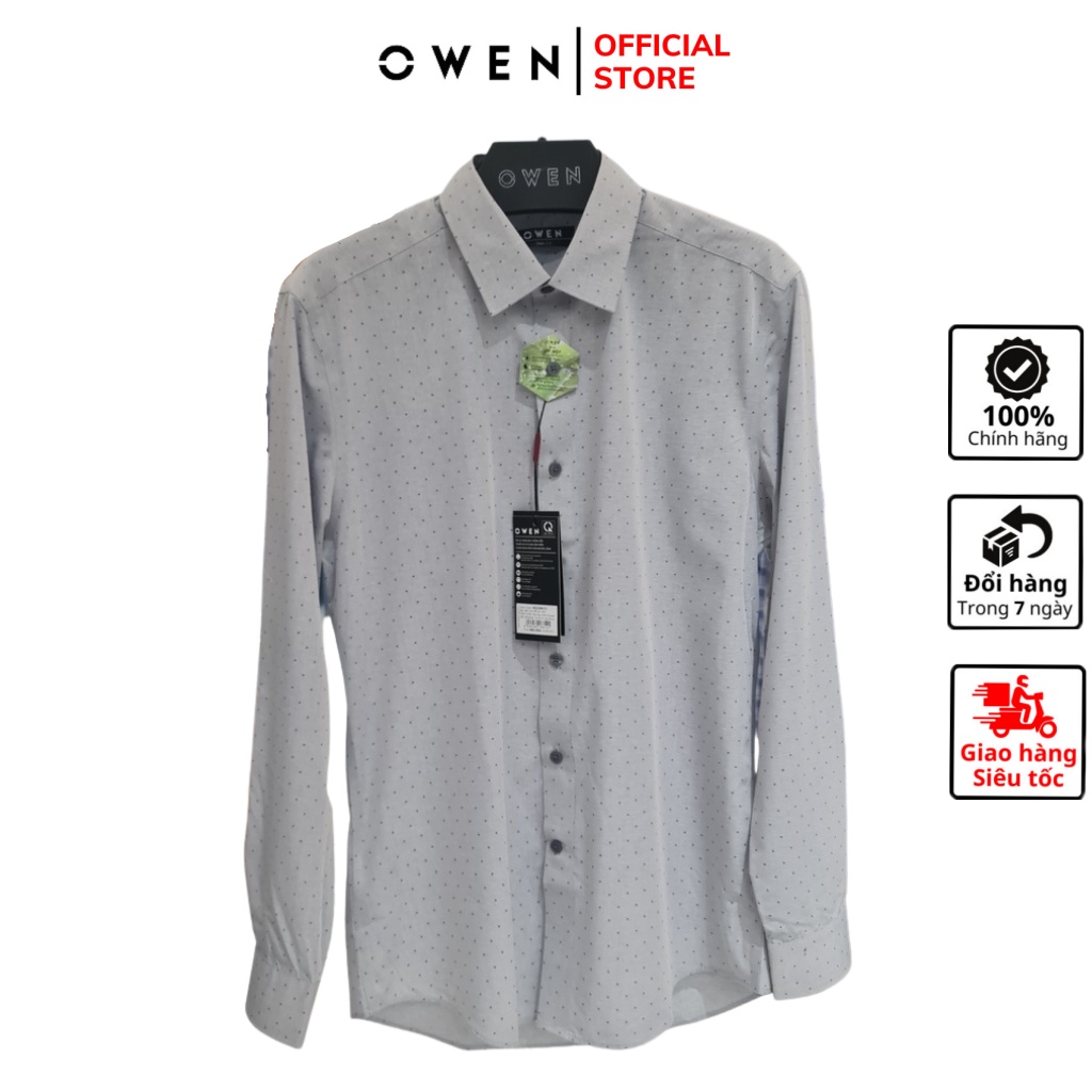 Áo sơ mi nam dài tay OWEN AS22941D somi công sở vải lô hội cao cấp màu ghi chấm bi dáng ôm tà lượn không túi