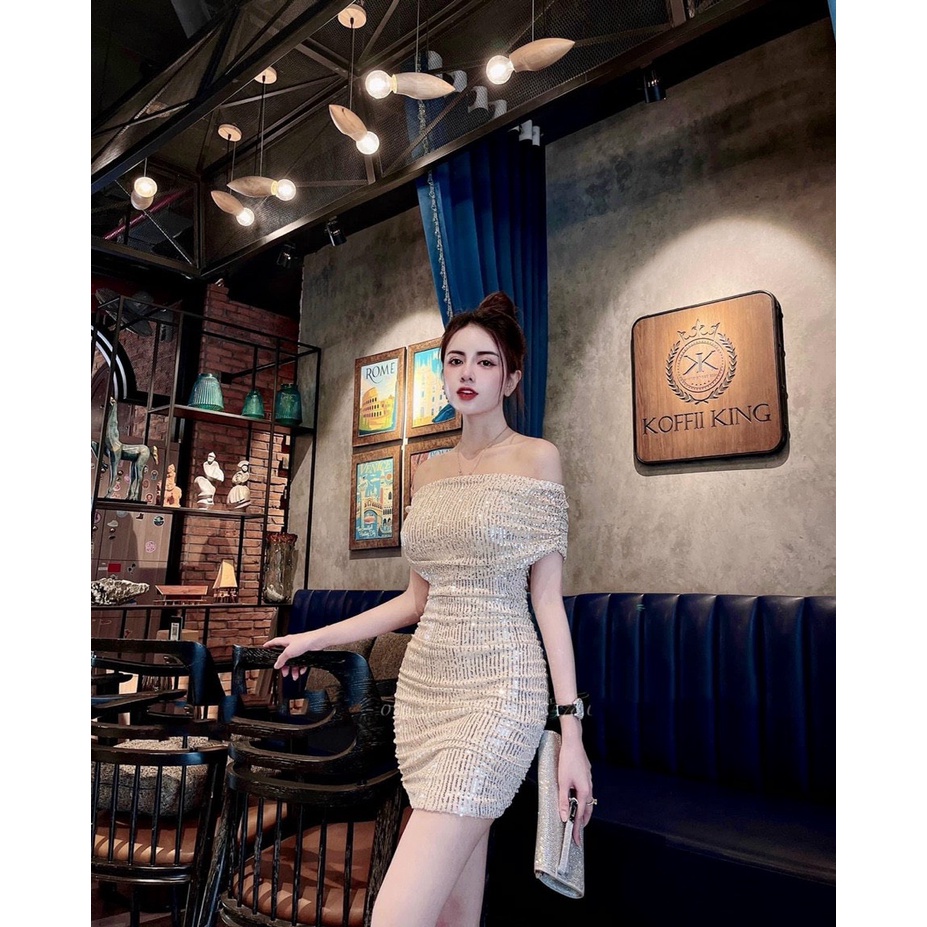 Đầm Body Sexy Bẹt Vai Quyến Rũ Chất Kim Sa Cao Câp