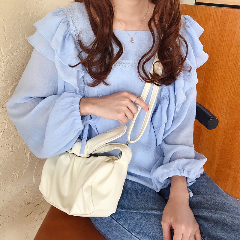 Túi đeo chéo nữ da nhún hình đám mây kèm quai xách dây cột