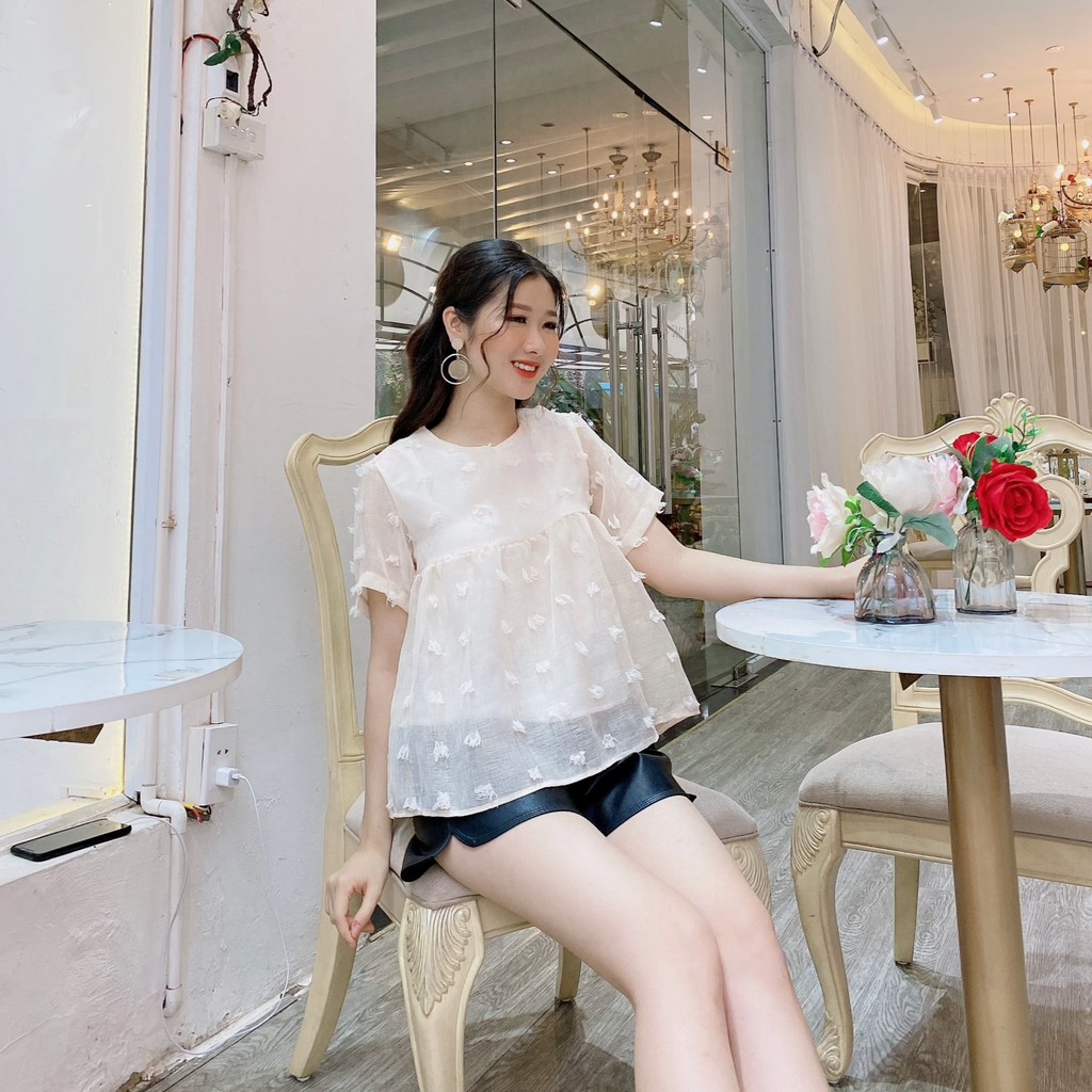 Áo Kiểu Nữ Babydoll Hoa Nhí  LAMVYVU  FREESHIP  Áo babydoll nữ hoa nhí Vintage Ulzzang chất đũi - voan 2 lớp