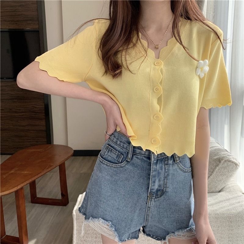 Crop Top Korean Style Wavy Knitted Short-sleeved Top Cardigan Chrysanthemum