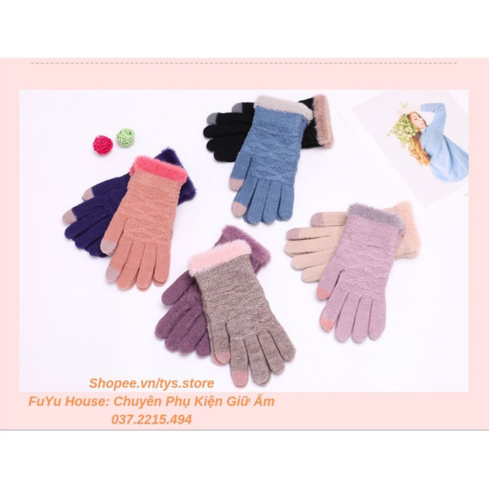 Găng tay len nữ cảm ứng lót lông giữ ấm thu đông phong cách Hàn Quốc cực ấm và đáng yêu - FuYu House