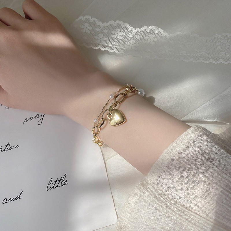 Vòng tay chuỗi ngọc trai hai lớp mặt hình trái tim đơn giản cho nữ